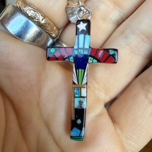HANDMADE NATIVE CROSS! Mosaic Cross Pendant, sterling silver